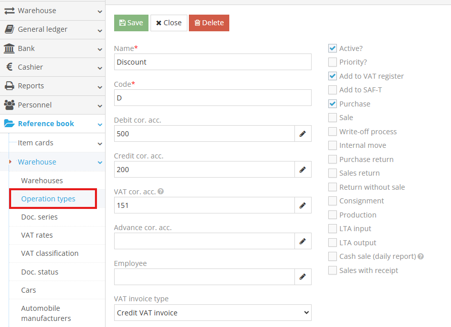 Discount or service return operation